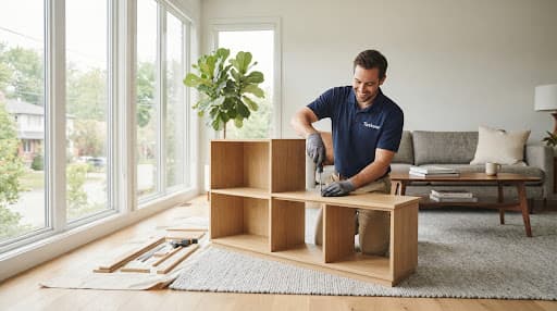 A professional tasker working in a bright modern living room